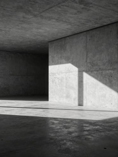 Wide cinematic environmental shot of a minimalist concrete gallery space, sharp dramatic natural light casting long deep shadows, stark monochrome contrast, no people.