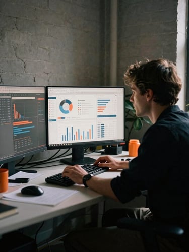 Gritty 35mm film photo of a developer and designer analyzing real-time ad performance dashboards in a Shoreditch loft office, harsh natural light, deep shadows.
