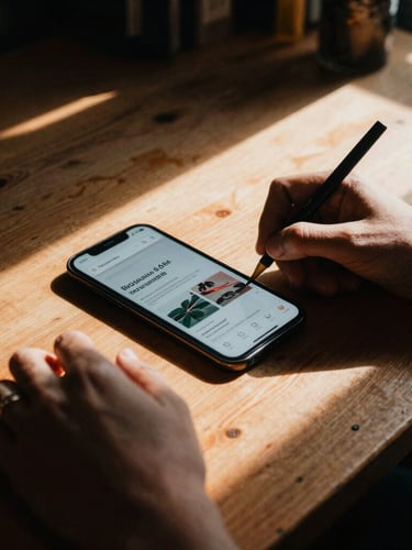 Tight documentary-style crop of hands wireframing a mobile ad on a Shoreditch loft table, high-contrast natural light, deep shadows, warm orange accents, 35mm film grain.