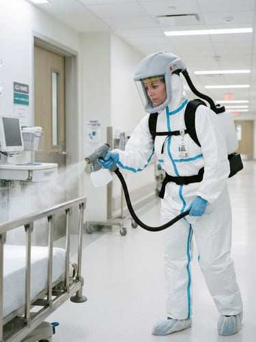 Certified technician in full PPE operating an electrostatic spraying device in a clean, modern medical facility, bright high-key clinical lighting, sharp focus, realistic documentary style.