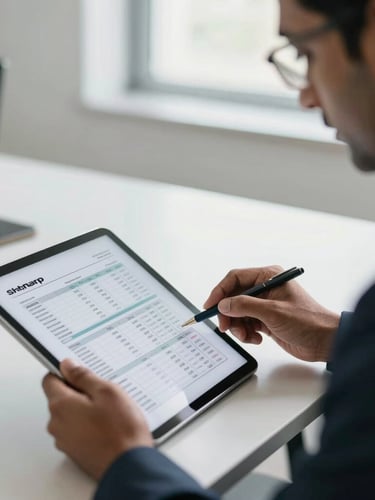 Sharp medium close-up of a professional Indian Chartered Accountant reviewing financial ledgers on a tablet in a bright, modern New Delhi office, natural daylight.