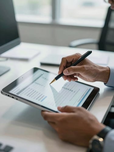 Sharp medium close-up of a professional Indian CA reviewing financial ledgers on a modern tablet in a daylight-filled corporate office.
