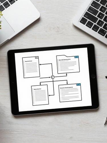 Overhead flat-lay of organized workspace in a New Delhi corporate office, modern tablet showing clean legal structure diagrams, bright natural daylight.