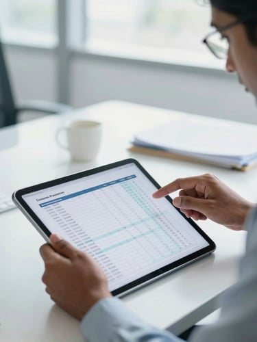 A professional Indian CA reviewing clean financial spreadsheets on a modern tablet in a bright, daylight-filled corporate workspace, cool professional undertones.