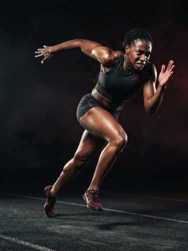 Low-angle dynamic shot of a high-performance athlete in mid-motion, sweat glistening under intense studio spotlights, dark charcoal background, high-contrast athletic photography