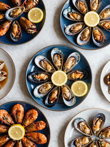 Overhead flat-lay of glistening seafood BBQ platters with lemon slices and gold accents, warm editorial food photography, bright natural dining light, 35mm