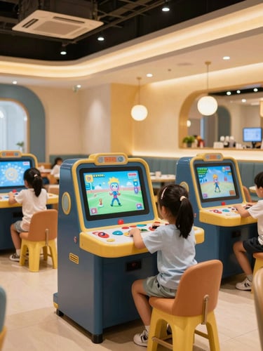 Bright modern restaurant play area, colorful interactive game consoles, happy children playing safely, warm golden lighting, 35mm photography