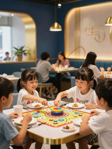 A bright, modern interactive game zone inside a restaurant, children smiling naturally while playing, warm golden lighting, 35mm