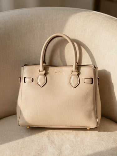 Editorial flatlay of a structured beige leather handbag on cream linen, warm sunlight, 35mm.