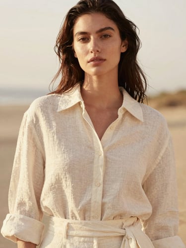 Editorial portrait of a woman wearing a fresh, newly released cream linen set, warm outdoor light, 35mm.