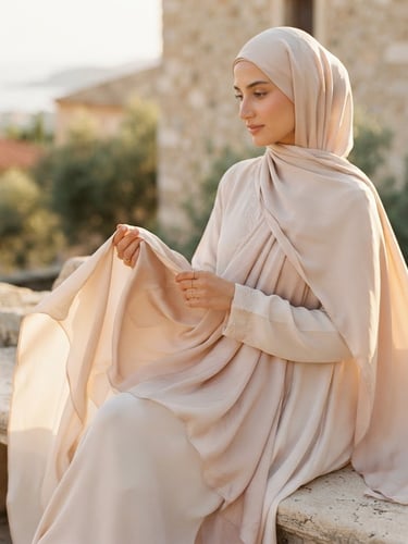Warm editorial photography of elegant flowing modest silk fabric draping softly, warm golden-hour daylight, muted cream and blush tones, shallow depth of field, 35mm.