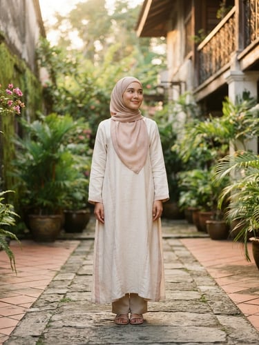Editorial portrait of a woman in flowing neutral linen modest attire, standing in a sunlit Ampang courtyard, soft golden-hour daylight, 35mm