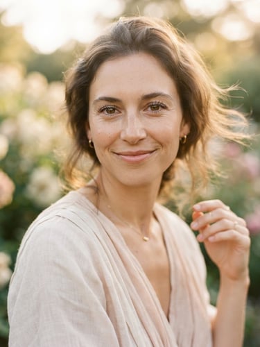 A close-up portrait of an elegant woman wearing a flowing neutral linen dress, soft golden-hour daylight, muted cream and blush tones, shallow depth of field, 35mm