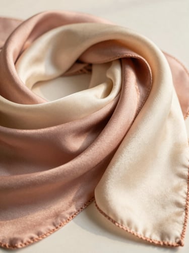 Editorial shot of folded silk scarves in dusty rose and cream tones, soft daylight, 35mm.