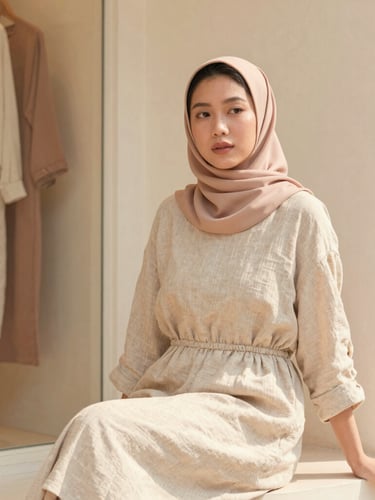 Warm editorial portrait of a modern Malaysian woman in a soft beige linen dress, sitting in a sunlit Ampang boutique corner, 35mm.