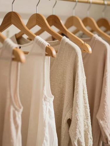 A warm, inviting corner of a boutique in Ampang with wooden hangers, soft linen fabrics, and neutral tones under diffused daylight, 35mm