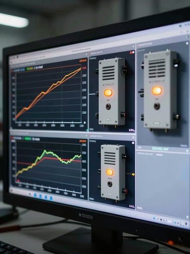 Close-up of an industrial energy monitoring dashboard on a large screen, production curves and kWh output graphs clearly legible, amber alert indicators visible on one inverter row, clinical studio lighting on the screen surface, dark background, no people