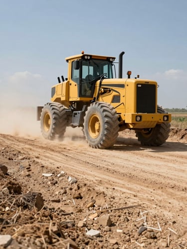 Low-angle heroic shot of a heavy yellow motor grader compacting a wide dirt road cut through rustic land, dusty atmosphere, harsh midday sun.