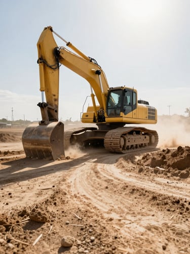 Low-angle heroic shot of a heavy yellow excavator carving a wide road through dry, dusty soil, bright midday sun casting sharp shadows, industrial editorial photography, 35mm