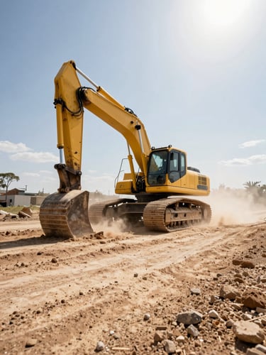 Low-angle heroic shot of a heavy yellow excavator grading a wide dirt road under harsh midday sun, dust in the air, high-contrast industrial textures.