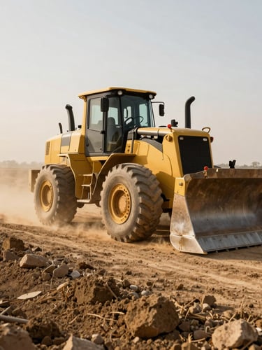 Massive yellow bulldozer compacting earth on a wide agricultural road, golden hour dust-lit environment, high-contrast warm earth tones, wide-angle lens