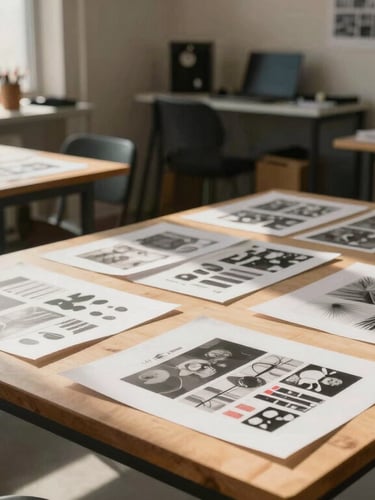 Wide environmental shot of the sun-drenched Hurricane studio space, casting long, soft shadows across work tables and physical design collateral.