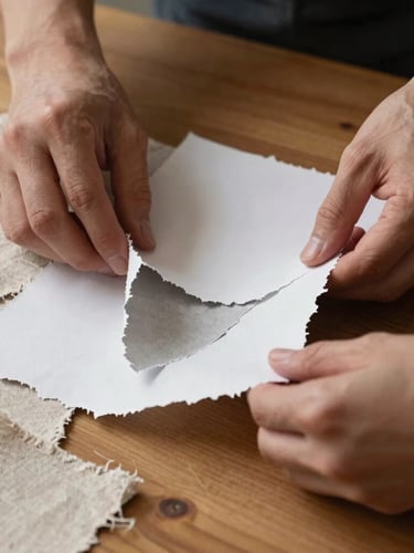 Tactile close-up of hands arranging torn heavy-weight paper swatches and raw linen on a warm wooden table, cast shadows
