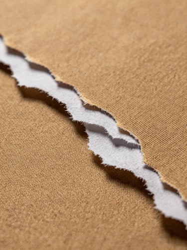 Macro photography of torn heavyweight paper edges layered over a burnt sienna linen swatch, warm side-light highlighting the physical fibers