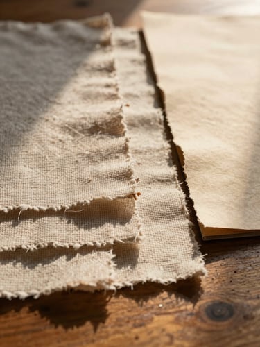Tactile macro close-up of raw linen swatches and torn heavy-weight paper on a wooden desk under low-angle golden hour sun.