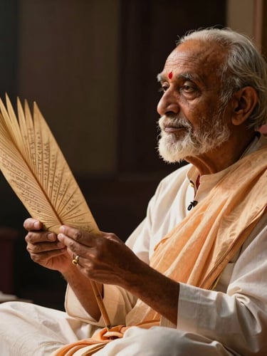 Guruji Easwaran in quiet study, side-lit by warm temple light, holding an authentic etched palm leaf, deep shadows in the background