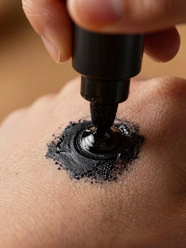 Extreme close-up of a hand pressing a thumb onto ink, rich textures of skin and dark charcoal ink, warm temple lighting, shallow depth of field.