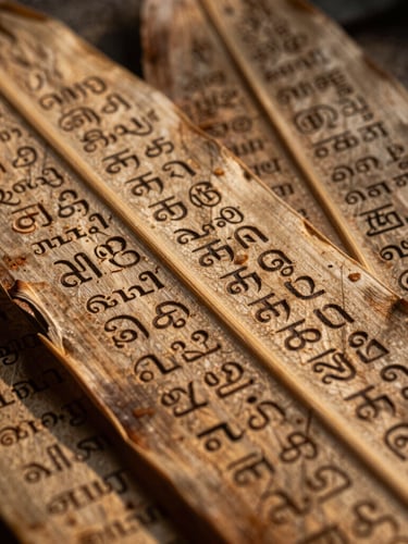 Extreme close-up of aged, etched palm leaves with ancient Tamil script carvings, warm directional side-light, deep shadows, temple library atmosphere.