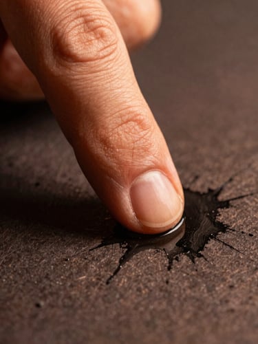 Extreme close-up of a thumb being pressed onto dark ink, textured paper below, dramatic low-key lighting with warm copper tones.