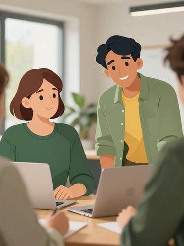 Chaleureuse illustration vectorielle de collègues de bureau s'écoutant avec bienveillance dans un espace lumineux, tons vert sauge et jaune doux, style moderne et épuré.