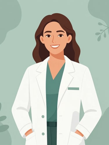 Elegant vector portrait of a female psychologist with a warm and reassuring smile, modern minimalist style, soft sage green background, clean organic shapes.
