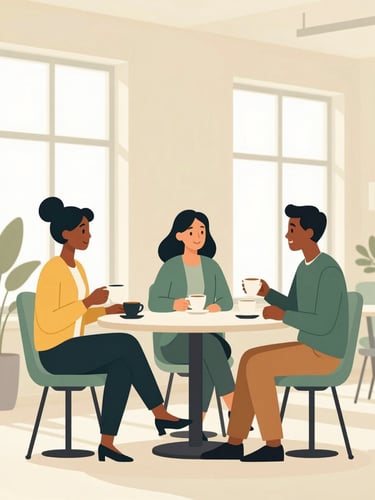 Elegant minimalist vector illustration of three diverse colleagues talking warmly over coffee in a bright, modern office space with sunlit windows, soft yellow and sage green color scheme, clean rounded lines, reassuring atmosphere.