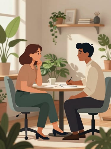 Illustration vectorielle élégante d'une psychologue échangeant calmement avec un collaborateur dans un bureau chaleureux et rassurant, plantes vertes et lumière douce.