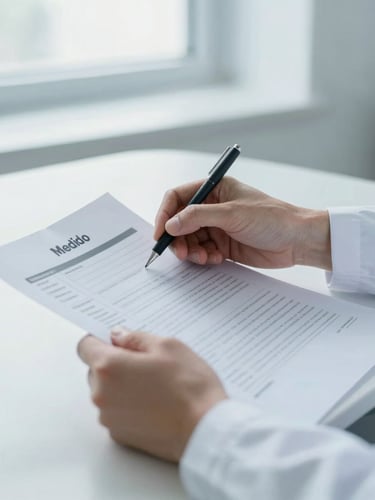 Close-up of Dr. Medido's hands reviewing patient charts, reassuring gesture, modern clinical desk, soft natural window light, bright minimalist setting, muted blue and white tones