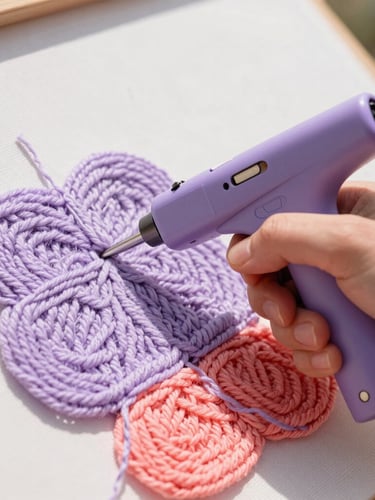 Close-up portrait of a hand using a tufting gun with soft lavender and coral yarn on a stretched canvas, bright natural daylight, shallow depth of field, 35mm