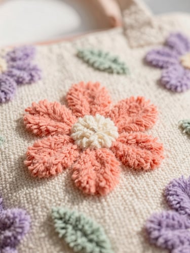 Macro photograph of a hand-tufted textile bag with soft pastel floral patterns, fluffy yarn textures in coral and lavender, bright natural daylight, shallow depth of field, 35mm