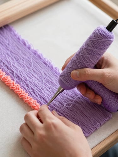 Close-up of hands carefully guiding a tufting gun with bright lavender and coral yarn on a stretched canvas, soft natural light, warm atmosphere