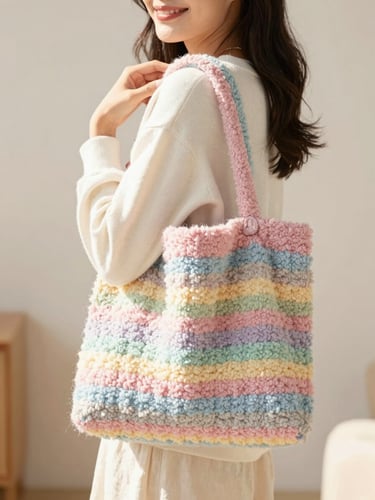 Warm editorial portrait of a smiling young woman holding a colorful tufted pastel bag, bright natural daylight, soft textile textures in background, shallow depth of field
