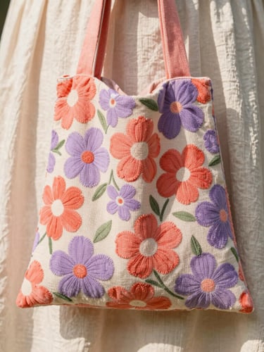 A portrait-oriented close-up of a vibrant tufted textile bag with soft floral patterns in coral and lavender, held by a person in a warm cream linen dress, natural daylight, shallow depth of field