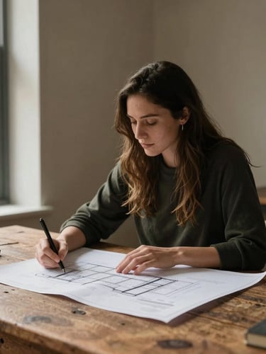 Zarah Williams reviewing architectural blueprints on a rustic wood table, soft natural side lighting, warm editorial photography.