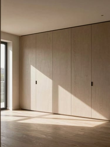 Wide environmental shot of a modern living room with custom tailored millwork, soft afternoon sun casting long shadows, warm taupe walls, 35mm lens