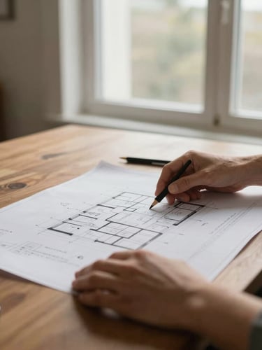 Close-up of a designer's hands reviewing architectural blueprints on a warm wooden table, soft natural window light, detailed textures