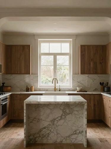 Straight-on architectural elevation of a renovated kitchen with a large marble island, soft natural window light, warm editorial interior photography.