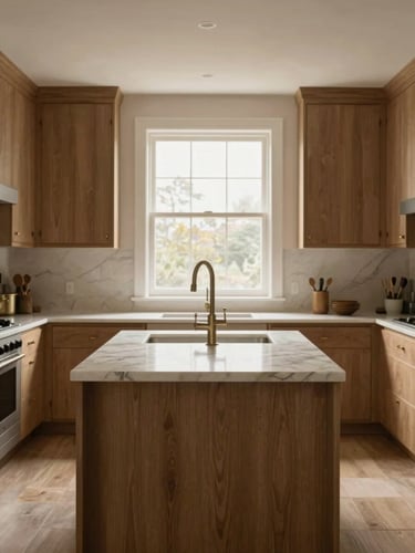 Straight-on architectural view of a renovated kitchen with a large marble island, soft natural window light, warm oak cabinets, 35mm lens