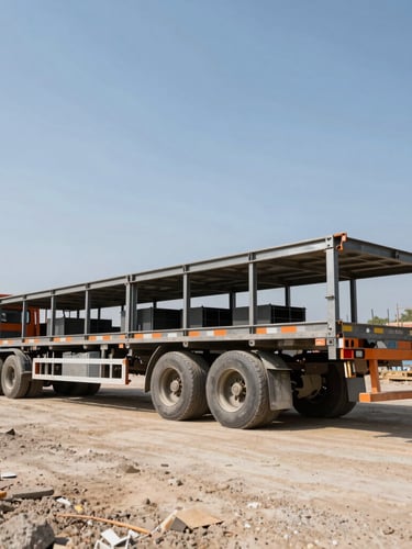 Low-angle wide shot of a multi-axle lowboy trailer, parked on a construction site, highlighting its heavy steel construction and specialized axles, hard direct sunlight, gritty industrial photography.