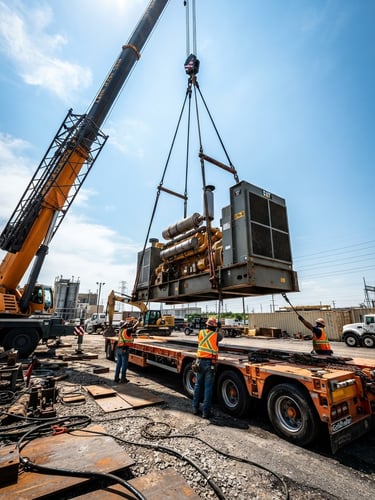 Wide-angle, low-shot photograph of a massive industrial generator being rigged and lifted by a crane onto a specialized multi-axle lowboy, hard direct sunlight, high-contrast steel and safety orange tones, gritty industrial photography.